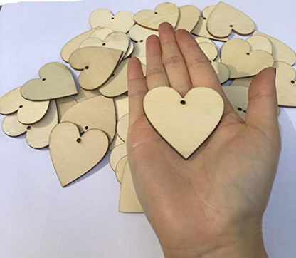 100 Pieces 2" Natural Heart Wood Slices, DIY Wooden Ornaments Unfinished Predrilled Wooden Heart Embellishments with Natural Twine for Valentine's