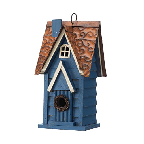Glitzhome 12" H Retro Blue Distressed Solid Wood Cottage Birdhouse Hanging Bird House for Outdoors glitzhome