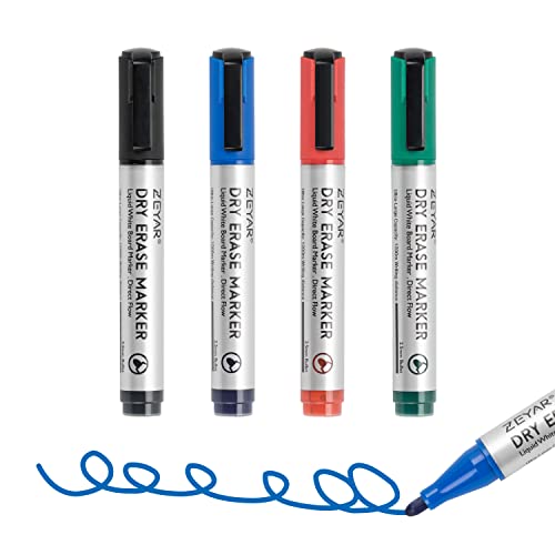 ZEYAR Dry Erase Marker Low-Odor Bullet Tip, Ultra-Large Capacity, Advanced Direct Flow Structure, Whiteboard Marker for School, Office, Home, 4 Count ZEYAR