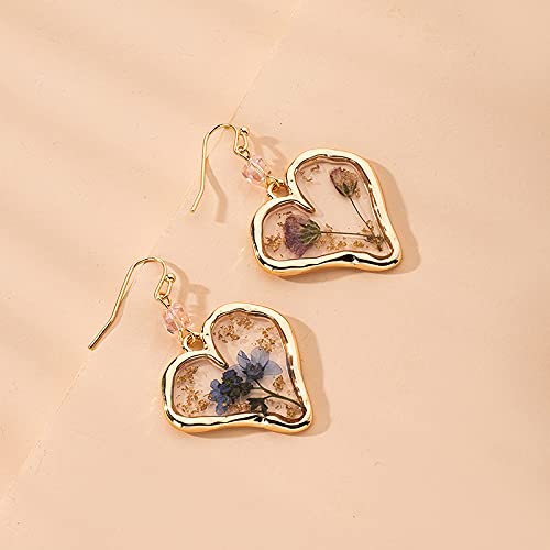 Pressed Flower Love Heart Dangle Earrings Daisy Dandelion Dry Flowers Setting Inside Resin Golden Fashion Earrings for Women Girls-Heart Shape Yocoyee