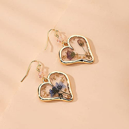 Pressed Flower Love Heart Dangle Earrings Daisy Dandelion Dry Flowers Setting Inside Resin Golden Fashion Earrings for Women Girls-Heart Shape - WoodArtSupply