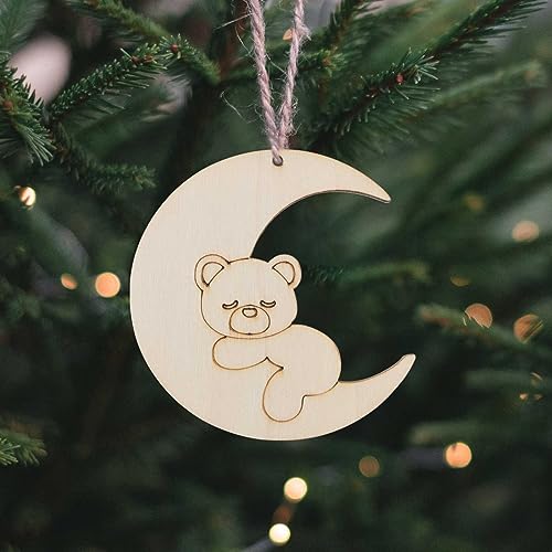 Creaides 20pcs Moon Bear Wood DIY Crafts Cutouts Wooden Moon Bear Shaped Hanging Ornaments with Hole Hemp Ropes Gift Tags for Baby Shower Wedding