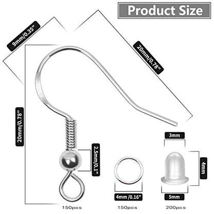 925 Sterling Silver Earring Hooks 150 PCS/75 Pairs,Ear Wires Fish Hooks,500pcs Hypoallergenic Earring Making kit with Jump Rings and Clear Silicone - WoodArtSupply