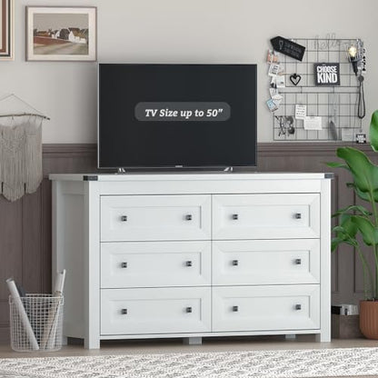 Boonatu White Dresser for Bedroom with 6 Drawers, White Dresser, Wood Dressers Chest of Drawers with Metal Handles, Modern Bedroom Dresser with
