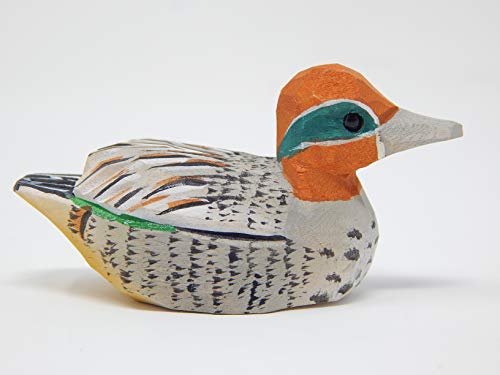 Selsela Eurasian Teal Wooden Duck Figurine - Miniature Bird Statue Handmade Carving Home Decor Decoration Decoy Small Animals - WoodArtSupply