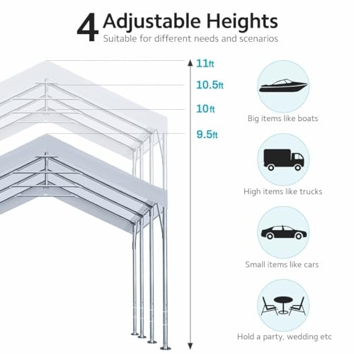 ADVANCE OUTDOOR 12x20 ft Heavy Duty Carport Car Canopy Garage Boat Shelter Party Tent, Adjustable Peak Height from 9.5ft to 11ft, White ADVANCE OUTDOOR