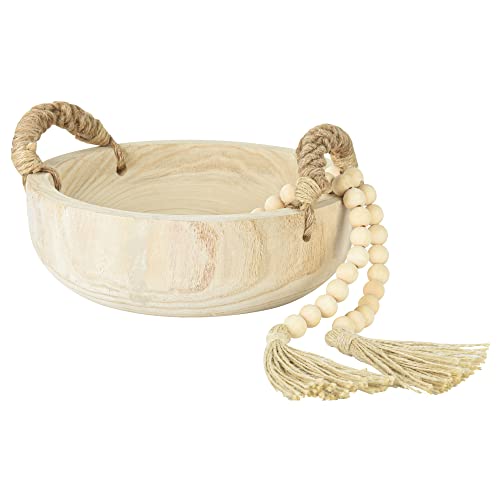 Paulownia Wood Bowl Rustic Wooden Dough Bowl for Decor Decorative Round Serving Key Bowl with Rope Handle and Wood Bead Garland for Christmas - WoodArtSupply