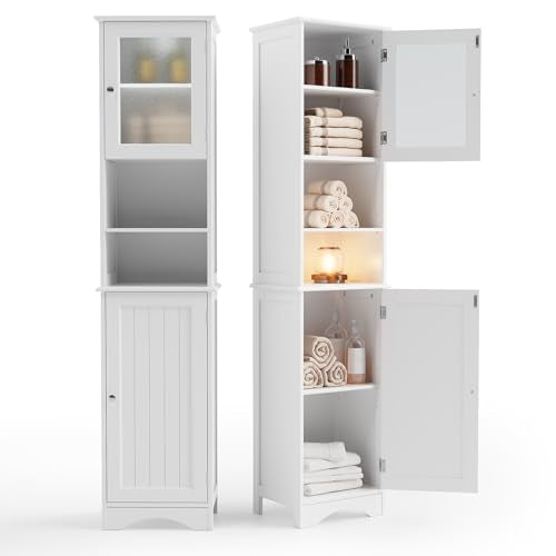 Gizoon 67.1" Tall Bathroom Storage Cabinet with Adjustable Shelves, Narrow Tall Linen Tower with Open Shelves, 2 Doors Freestanding Cabinet with Gizoon