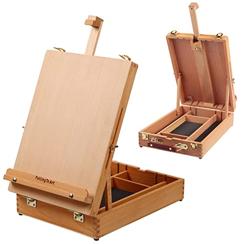 Falling in Art Wooden Tabletop Easel, Solid Wood Sketchbox Desktop Easel for Painting, Portable Art Drawing Easel for Beginners and Professionals Falling in Art