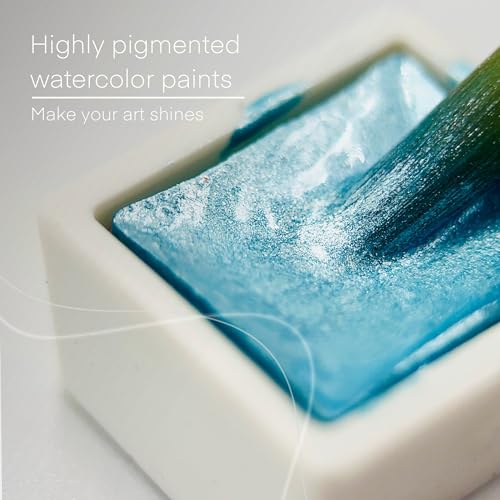 Art Whale Metallic Watercolor 24 Colors in Half-Pans with Waterbrush - Highly Pigmented Tin Box for Painters, Professionals, Beginners, Hobbyists, Art Whale