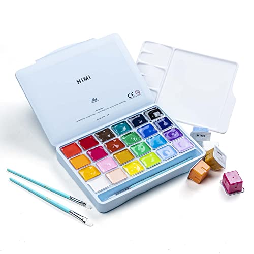 HIMI Gouache Paints set with 3 Paint Brushes, 24 Colors, 30g, Jelly Cup Design, Non Toxic Paint for Canvas and Paper, Art Supplies for Professionals HIMI