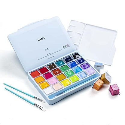 HIMI Gouache Paints set with 3 Paint Brushes, 24 Colors, 30g, Jelly Cup Design, Non Toxic Paint for Canvas and Paper, Art Supplies for Professionals - WoodArtSupply