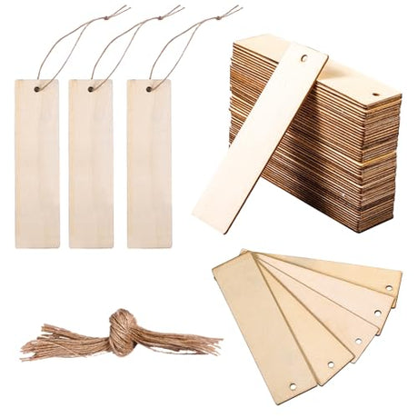 50pcs Blank Wood Bookmarks, Unfinished Wood Bookmarks with Holes and Ropes Rectangle Bookmark Wood Bookmarks for Crafts DIY Card Making Decor Hanging LUTER