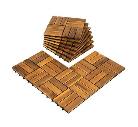 AN68 Pack of 10 Deck Tiles - 12"x12" Interlocking Natural Solid Acacia Wood for Outdoor & Indoor, Patio Garden, Balcony, Poolside - Natural Color AN68