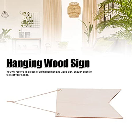 48PCS Unfinished Hanging Wood Sign, Blank Hanging Wooden Slices Banners Unfinished Wood Sign Blank Wood Sign for Pyrography Painting Writing HERCHR