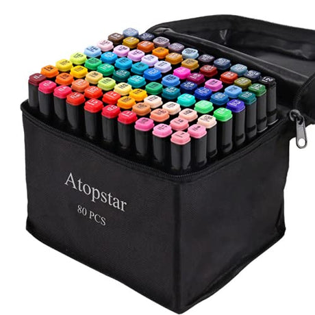 ATOPSTAR 80 Colors Alcohol Markers Artist Drawing Art for Kids Dual Tip Adult Coloring Painting Supplies Perfect Boys Girls Students Adult(80 Black ATOPSTAR
