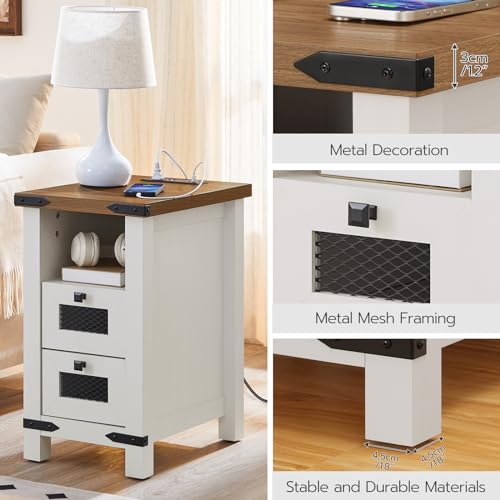 HOOBRO End Table with Charging Station, Farmhouse Narrow Side Table with Storage Drawers, Nightstand with USB Ports and Outlets, for Small Spaces,