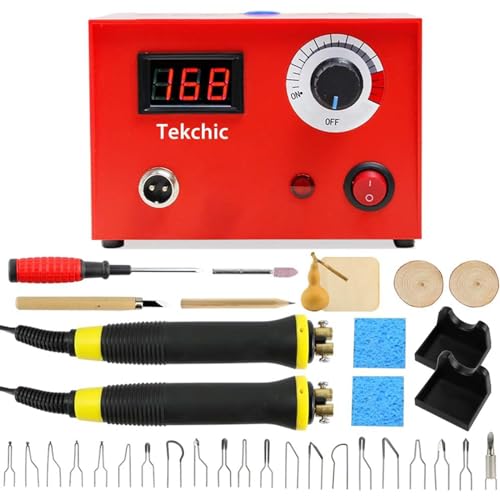 TEKCHIC Wood Burning Machine Kit 20 Tips, Dual Pen 110V 50W Pyrography Machine, Digital Temperature Adjustment and Electric Wood Burning Detailer for Wood/Leather/Gourd, Red