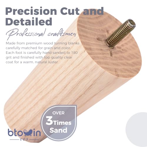 Btowin VCF 6 inch / 15cm Ash Wood Furniture Legs, 4Pcs Mid-Century Modern Unfinished Wooden Tapered Replacement Feet with 5/16'' Hanger Bolts & Btowin VCF