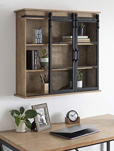 Kate and Laurel Barnhardt Decorative Wooden Wall Cabinet with Two Sliding Glass Doors, 30" x 28", Rustic Brown, Barndoor Modern Farmhouse Storage - WoodArtSupply