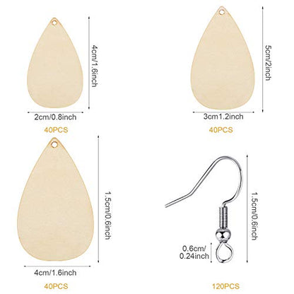 120 Pcs Unfinished Wooden Earrings Blanks Natural Wood Pendants Dangle Earrings Boho Teardrop Wood Charms with Earring Hooks and Jump Rings for Women