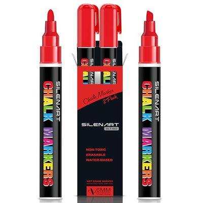 SILENART Red Chalk Markers 2 Pack - Red Dry Erase Markers Pen - Liquid Chalk Markers for Chalkboard, Window, Glass, Mirror, Blackboard - 3-6mm