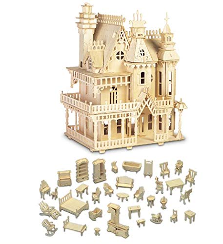 Puzzled Bundle of Furniture Set & Fantasy Villa Doll House Wooden 3D Puzzles Construction Kits, Educational DIY Playhouse Toys Assemble Unfinished Puzzled