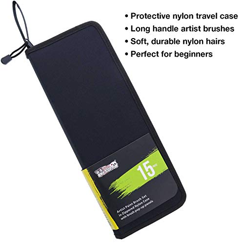 U.S. Art Supply 15 Piece Artist Long Handle Synthetic Paint Brush Set - Multi Functional Watercolor Gouache Oil Acrylic Brush Set in Zippered Nylon U.S. Art Supply