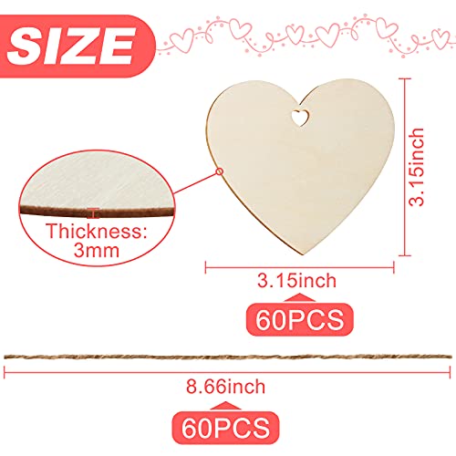 Qfeley 60 Pieces Large Wooden Hearts with Holes 3.15inch Wood Heart Ornaments Wooden Heart Cutouts Wooden Love Heart Shape Slices Blank Wood Heart