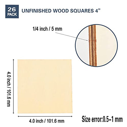 [Upgraded] Artificer Wood Squares, 4x4 Inch 26 Pack 1/4" Thick Unfinished Wooden Boards for Scrabble Tiles Blank Plywood Sheets Cutouts Small