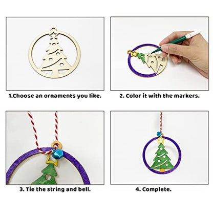 JOYIN 48 Pcs Christmas Wooden Ornaments DIY Craft Kit for Kids Includes Color Markers, Hanging Christmas DIY Wooden Ornaments, Unfinished Flat Wooden