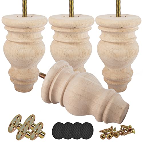 5 inch Unfinished Wooden Bun Feet, Btowin 4Pcs Solid Wood Furniture Legs with Threaded 5/16'' Hanger Bolts & Mounting Plate & Screws for Sofa Couch Btowin