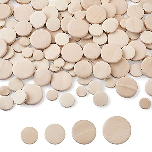 Craftdady 160pcs Unfinished Flat Round Wood Beads 15-30mm Blank Natural Wooden Circle Coin Disc Loose Beads for Jewelry Crafts Making Home Decoration