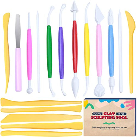 DUGATO Clay Modeling Tools for Kids, 17pcs Plastic Ceramic Pottery Tool Set, Double-Head Design, Assorted Colors, for Shaping and Sculpting, Cake DUGATO