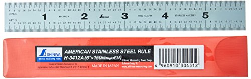 Shinwa H-3412A 6" 150 mm Rigid English Metric Zero Glare Satin Chrome Stainless Steel E/M Machinist Engineer Ruler/Rule with Graduations in 1/64, Shinwa