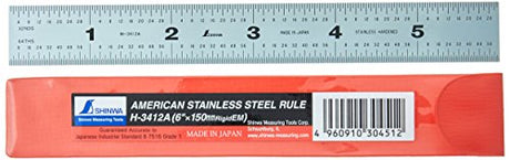 Shinwa H-3412A 6" 150 mm Rigid English Metric Zero Glare Satin Chrome Stainless Steel E/M Machinist Engineer Ruler/Rule with Graduations in 1/64, Shinwa
