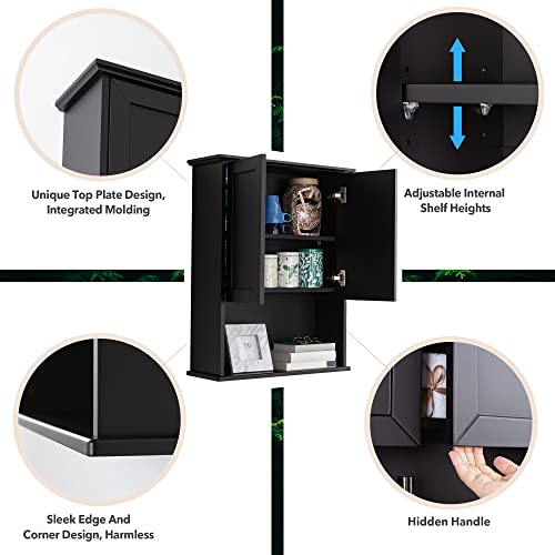 OONNEE Bathroom Wall Cabinet Black Wall Mounted Wood Medicine Cabinets, Over Toilet Storage Cabinet with 2 Doors & Adjustable Shelf, Soft Hinge Wall