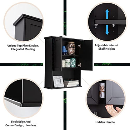 OONNEE Bathroom Wall Cabinet Black Wall Mounted Wood Medicine Cabinets, Over Toilet Storage Cabinet with 2 Doors & Adjustable Shelf, Soft Hinge Wall