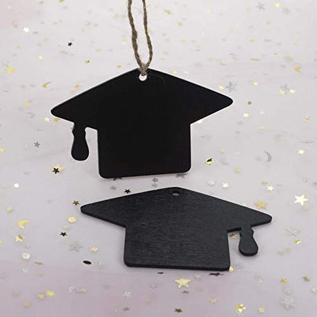 JANOU 20pcs Graduation Cap Wood DIY Craft Cutouts Grad Hat Unfinished Wood Blank Embellishments Gift Tags Ornaments with Ropes for Graduation Party JANOU