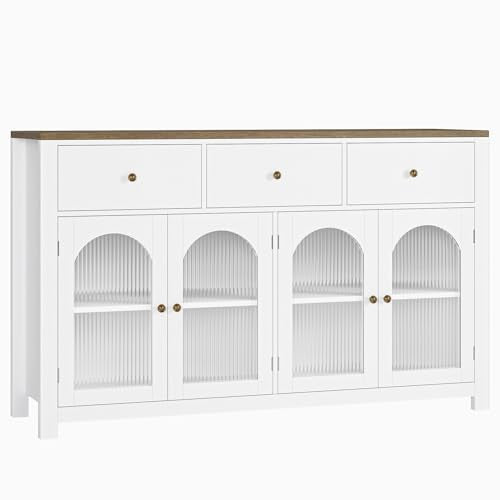 finetones Buffet Cabinet with Storage, 55.1" Large Sideboard Buffet Cabinet, Farmhouse Kitchen Cabinet Display Cabinet with 3 Drawers and 4 Doors,