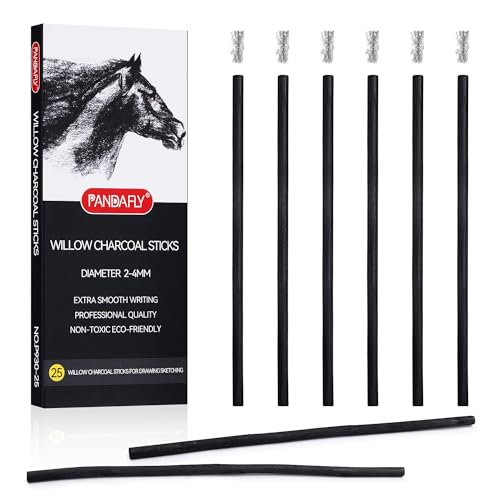 PANDAFLY Willow Charcoal Sticks, Soft, Black Artist Vine Charcoal for Artists, Beginners, Students, Great for Sketching, Drawing, Shading and Fine PANDAFLY