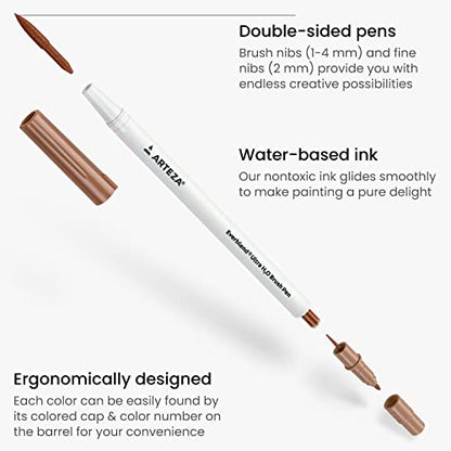 ARTEZA Dual Tip Brush Pens, 12 Vintage Tones, Watercolor Calligraphy Markers, Nylon Brush and Fine Tip, Water-Based Ink, for Illustration, Lettering