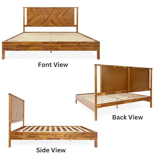 Bme Vivian 14 Inch Rustic Golden Brown Deluxe Bed Frame with Herringbone Headboard Bme
