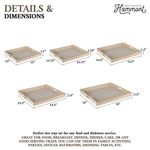 Wooden Square Trays for Serving - Five Piece Nested Breakfast Tray - Wood Crafts Trays for Organizing | Bathroom Tray - Food Trays for Party Buffet Hammont