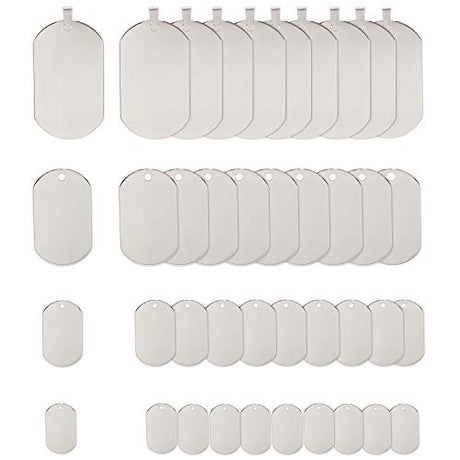 Fun-Weevz 40 PCS Blank Dog Tag Pendants, 316 Stainless Steel Sublimation Tags, 4 Sizes Shield Engraving Stamping Blanks, Shiny Metal Army Military ID Fun-Weevz