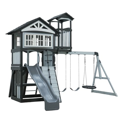 Backyard Discovery Whispering Point All Cedar Wooden Swing Set, Raised Club House, Grey Wave Slide, Web Swing, Climbing Wall, 2 Belt Swings, Crow's Backyard Discovery