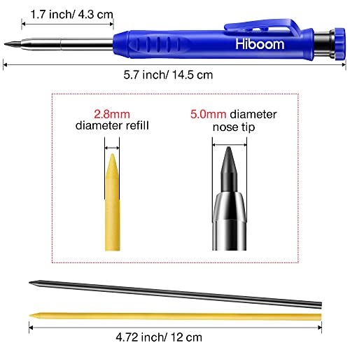 Hiboom Solid Carpenter Pencil Set for Construction with 7 Refills Built-in Sharpener, Long Nosed Deep Hole Mechanical Pencil Marker for Carpenter - WoodArtSupply