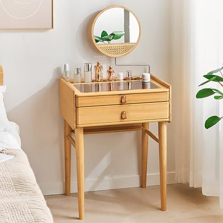 Dressing Table with Mirror and Drawers Bamboo Vanity with Stool Makeup Vanity Table Genuine Leather Handles Comfortable to Touch Silent Slide No QQB