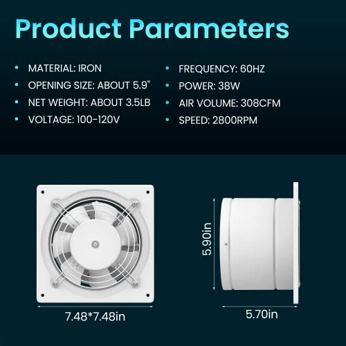 HG Power 6 Inch Exhaust Fan with Speed Controller, 308CFM Wall Exhaust Fanfor Kitchen, Bathroom, Metal Extractor Fan for Pet Room, Smoking Room, - WoodArtSupply