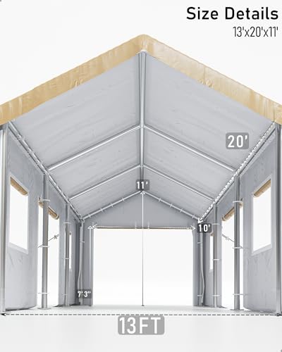 DEXSO Carport 13'x20' Heavy Duty Portable Garage, 1.0 mm Steel Poles & 180 g PE Waterproof Canopy, with Front & Rear Doors, 2 Side Doors, and 4 - WoodArtSupply